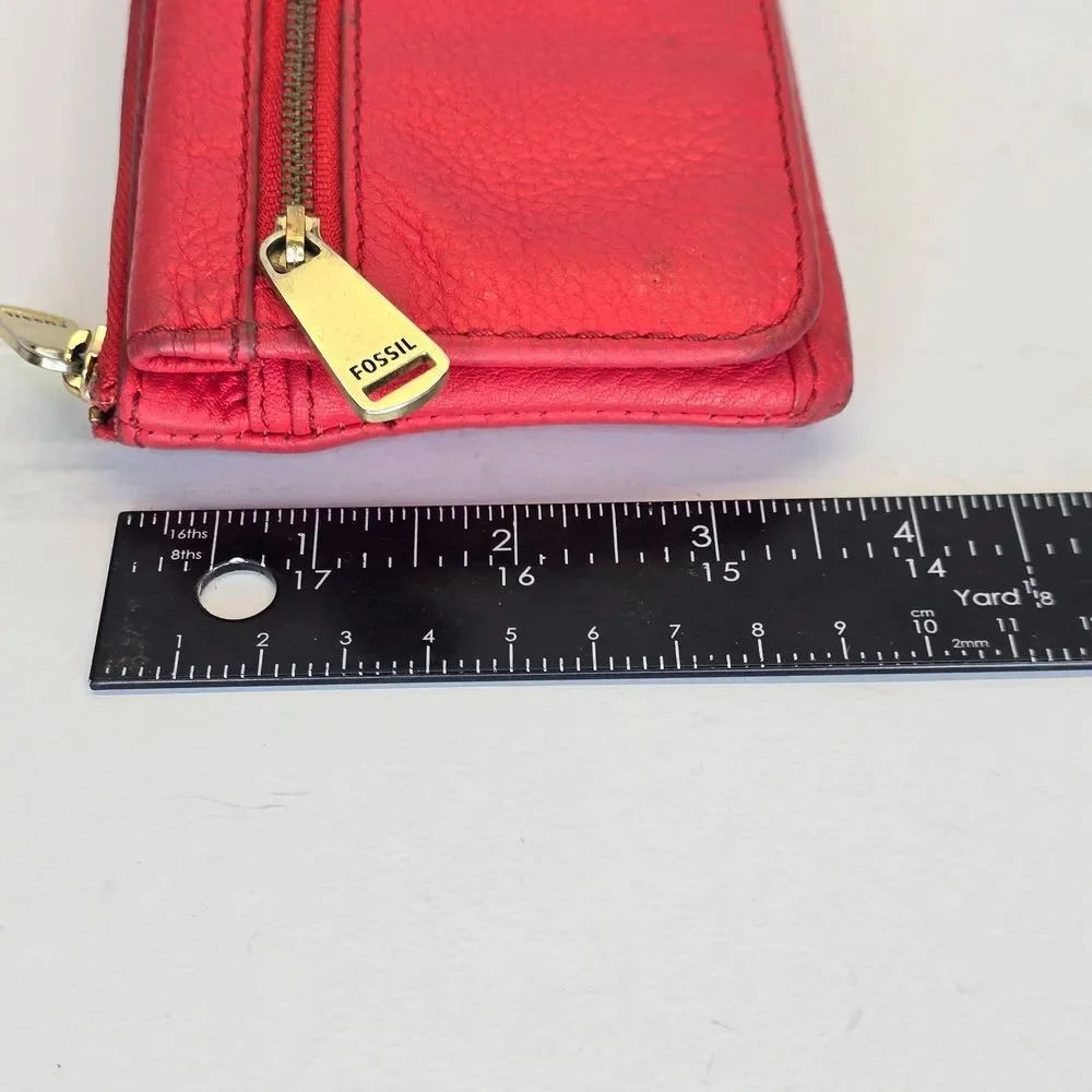 Fossil Red Pebbled Leather Wallet Clutch Card‎ Holder Zip Around Organizer Snap